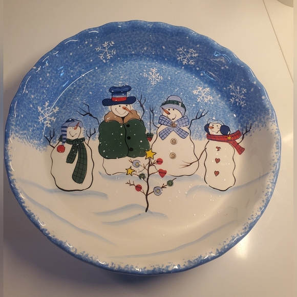 St Nicholas Square Button Up Christmas Snowman Family Ceramic Stoneware Pie Dish - Picture 3 of 12